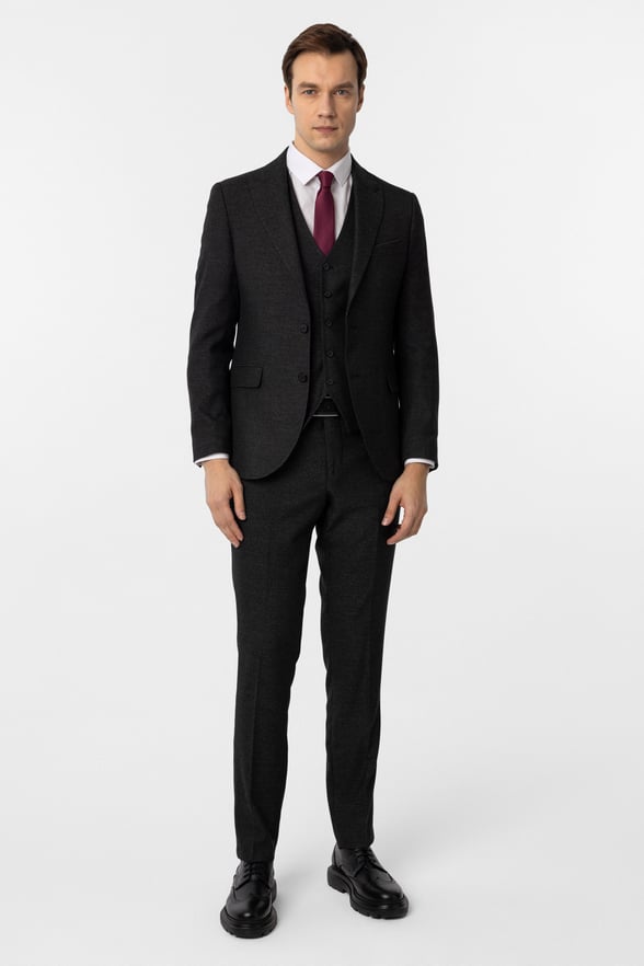 Siyah Slim Fit Desenli Sivri Yaka 6 Drop Yelekli Klasik Takım Elbise
