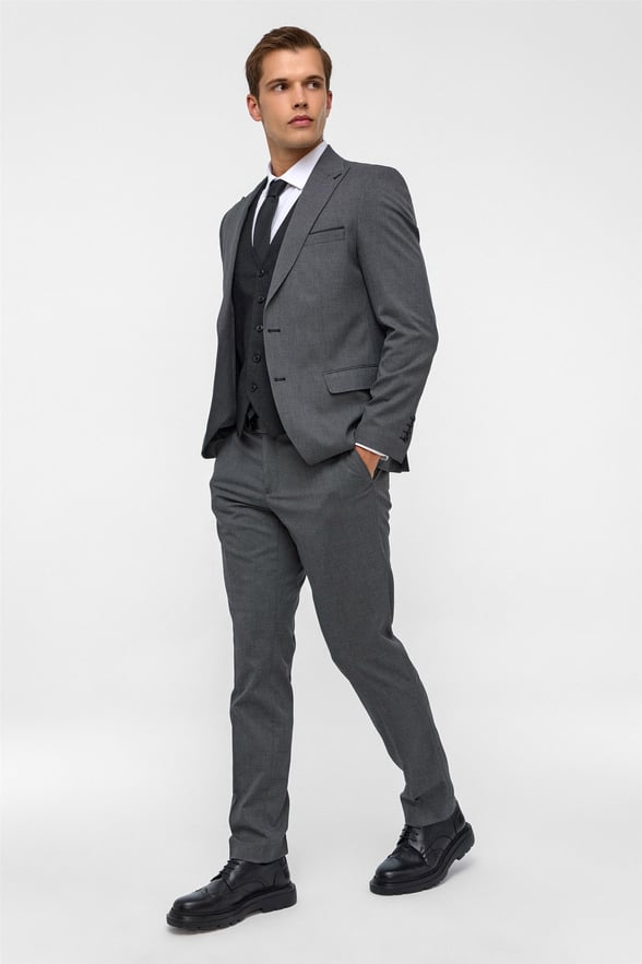 Siyah Slim Fit Desenli Sivri Yaka 6 Drop Yelekli Klasik Takım Elbise