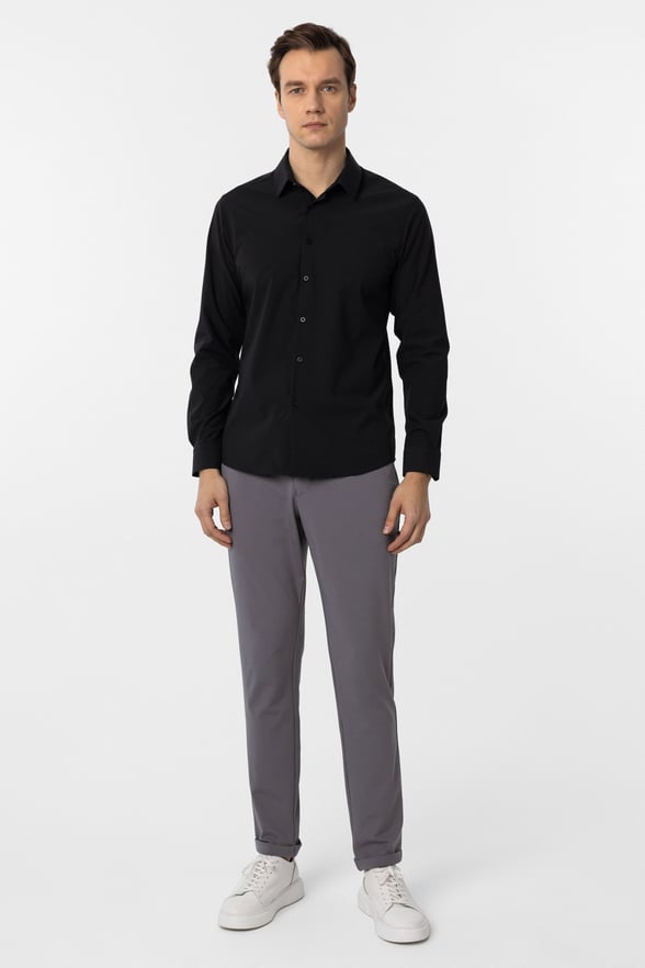 Siyah Slim Fit Düz Klasik Yaka Gömlek