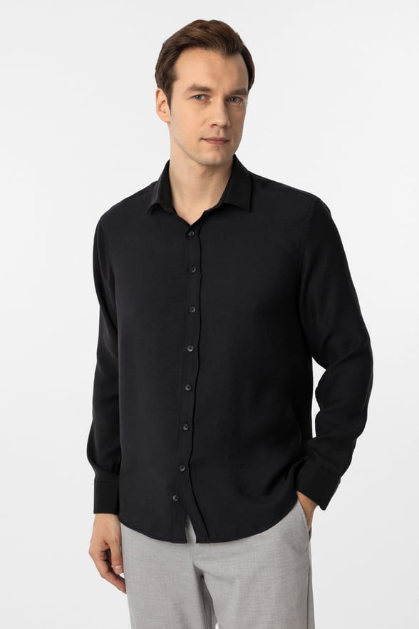 Siyah Slim Fit Düz Klasik Yaka Gömlek
