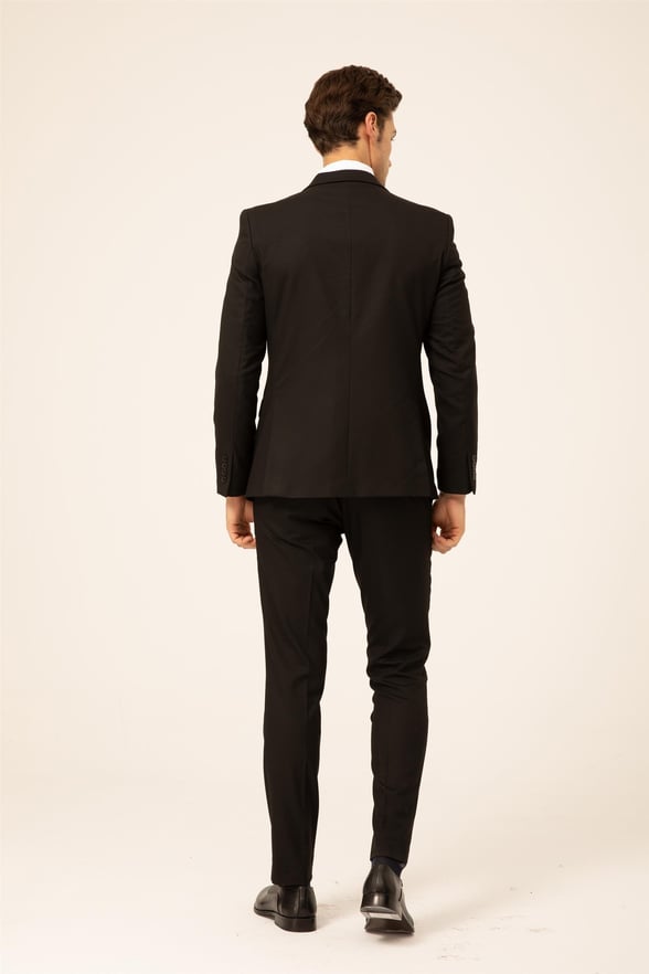 Siyah Slim Fit Düz Sivri Yaka 6 Drop Klasik Takım Elbise