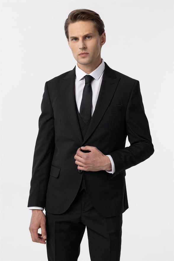 Siyah Slim Fit Düz Sivri Yaka 6 Drop Yelekli Klasik Takım Elbise