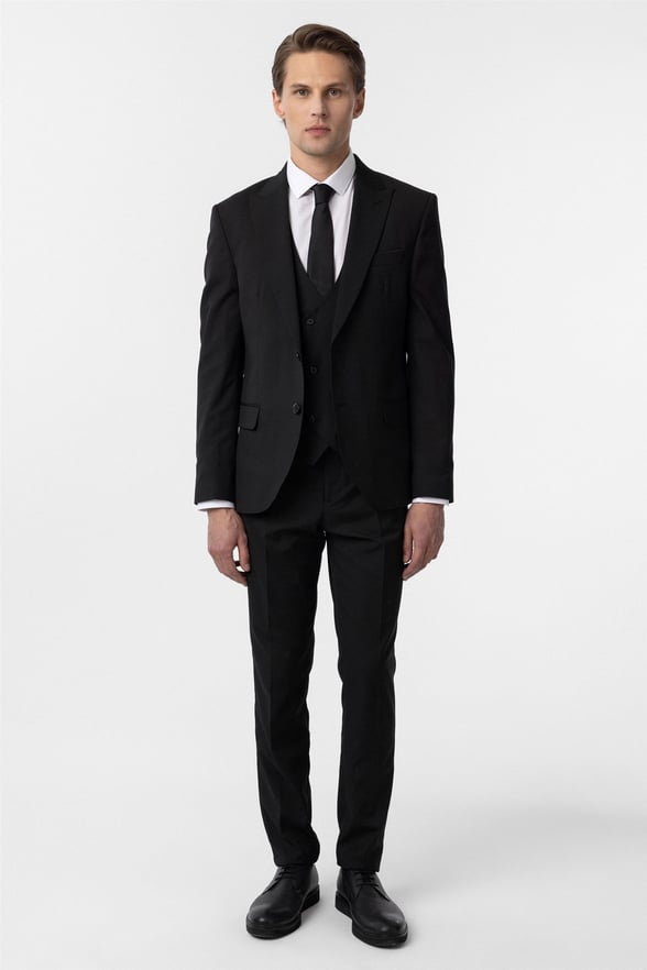 Siyah Slim Fit Düz Sivri Yaka 6 Drop Yelekli Klasik Takım Elbise