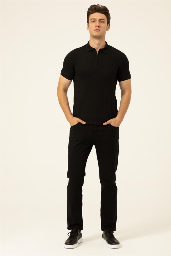 Siyah Slim Fitilli Polo Yaka  Tişört