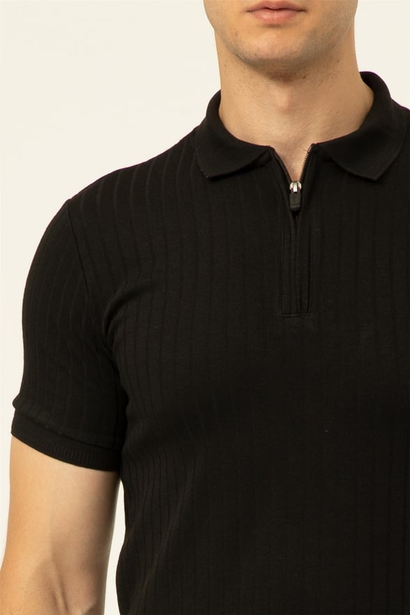 Siyah Slim Fitilli Polo Yaka  Tişört