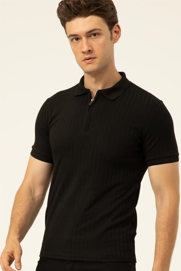 Siyah Slim Fitilli Polo Yaka  Tişört