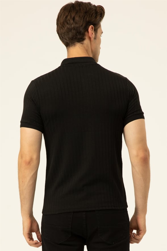 Siyah Slim Fitilli Polo Yaka  Tişört