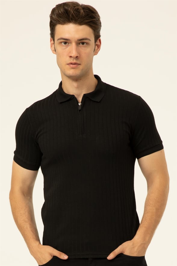 Siyah Slim Fitilli Polo Yaka  Tişört