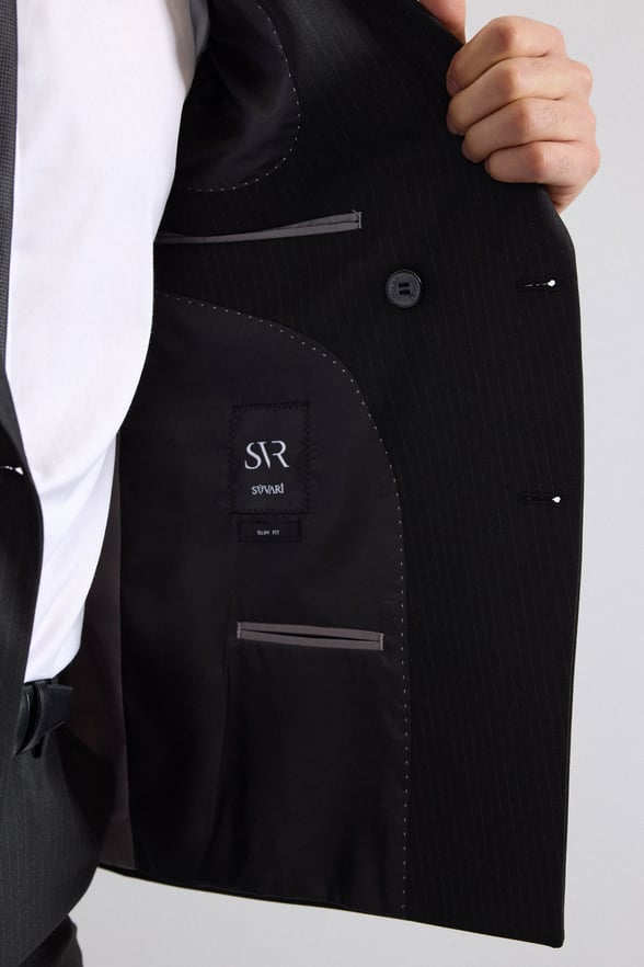 Siyah Slim Kruvaze Yaka 6 Drop Takım Elbise