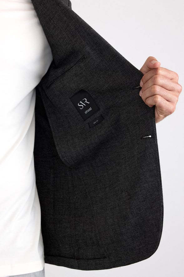 Siyah Slim Mono Yaka Düz Saten Torba Cep Standart 6 Drop Klasik Ceket
