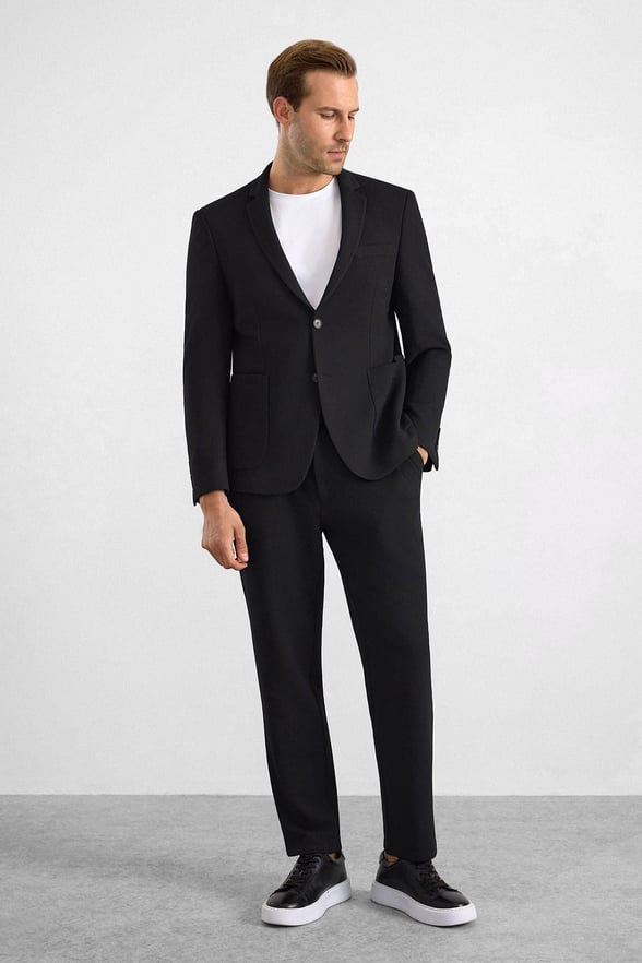 Siyah Slim Mono Yaka Düz Torba Cep 6 Drop Takım Elbise