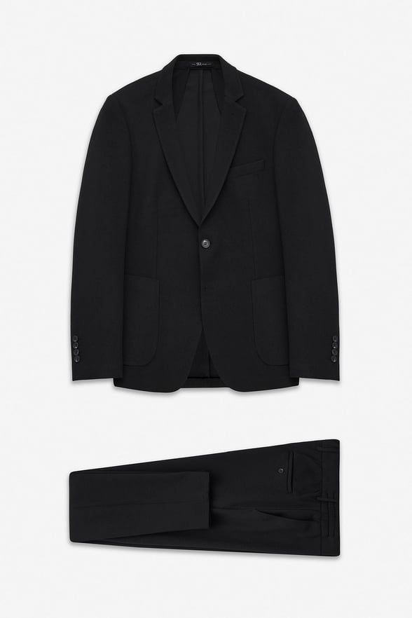 Siyah Slim Mono Yaka Düz Torba Cep 6 Drop Takım Elbise