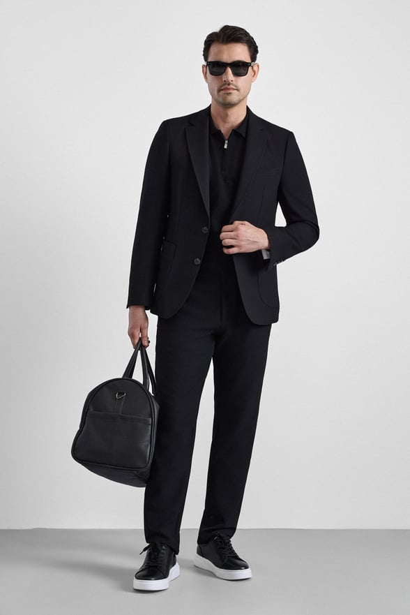 Siyah Slim Mono Yaka Düz Torba Cep 6 Drop Takım Elbise