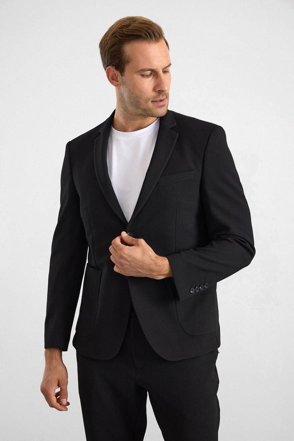 Siyah Slim Mono Yaka Düz Torba Cep 6 Drop Takım Elbise