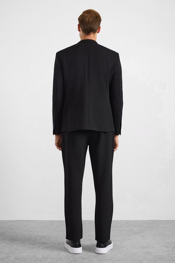 Siyah Slim Mono Yaka Düz Torba Cep 6 Drop Takım Elbise