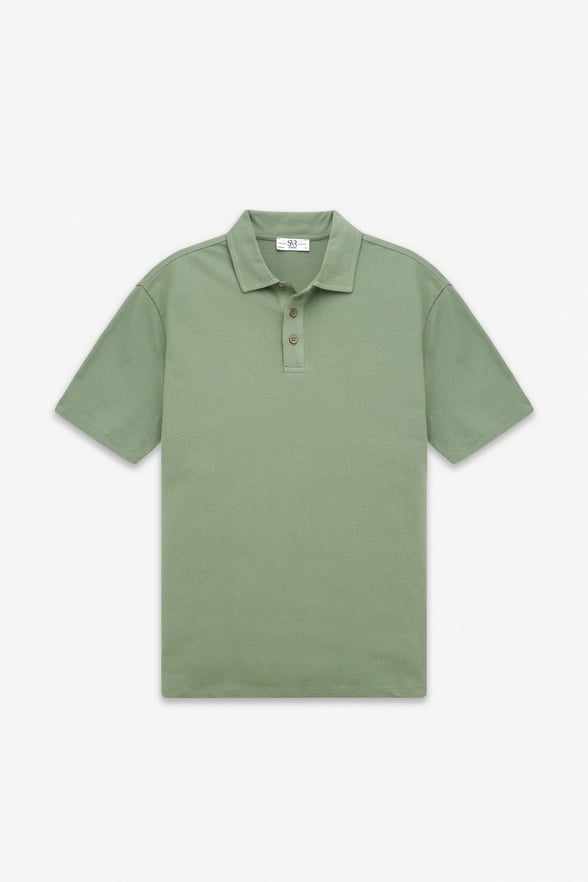 Su Yeşili Regular Petek Baskısız Süprem Düğmeli Polo Yaka Standart Tişört