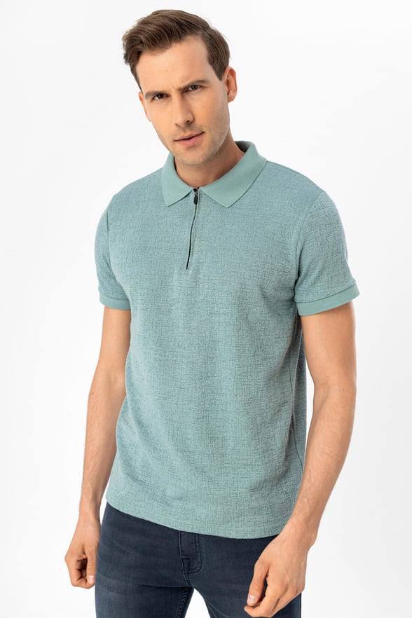 Su Yeşili Slim Armürlü Polo Yaka Tişört