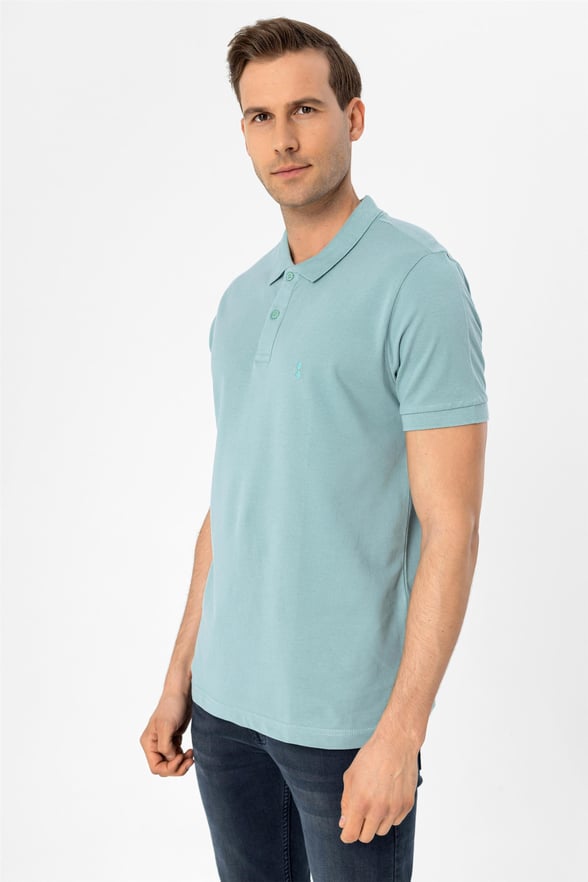 Su Yeşili Slim Armürlü Polo Yaka  Tişört