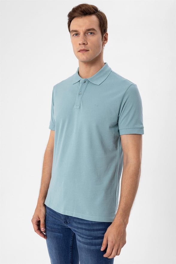 Su Yeşili Slim Armürlü Polo Yaka  Tişört