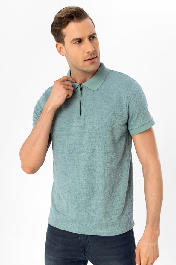 Su Yeşili Slim Armürlü Polo Yaka Tişört