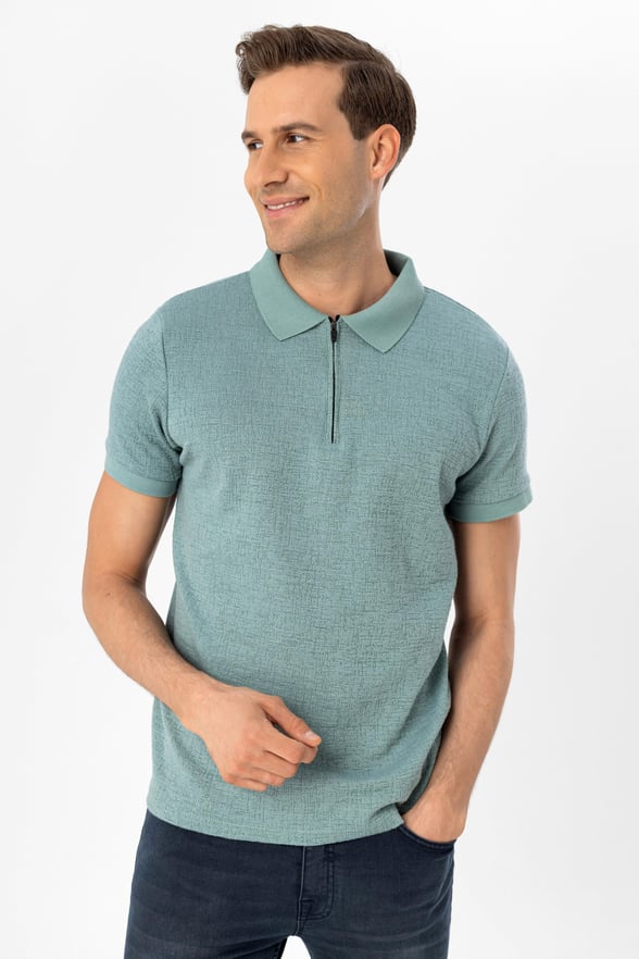 Su Yeşili Slim Armürlü Polo Yaka Tişört