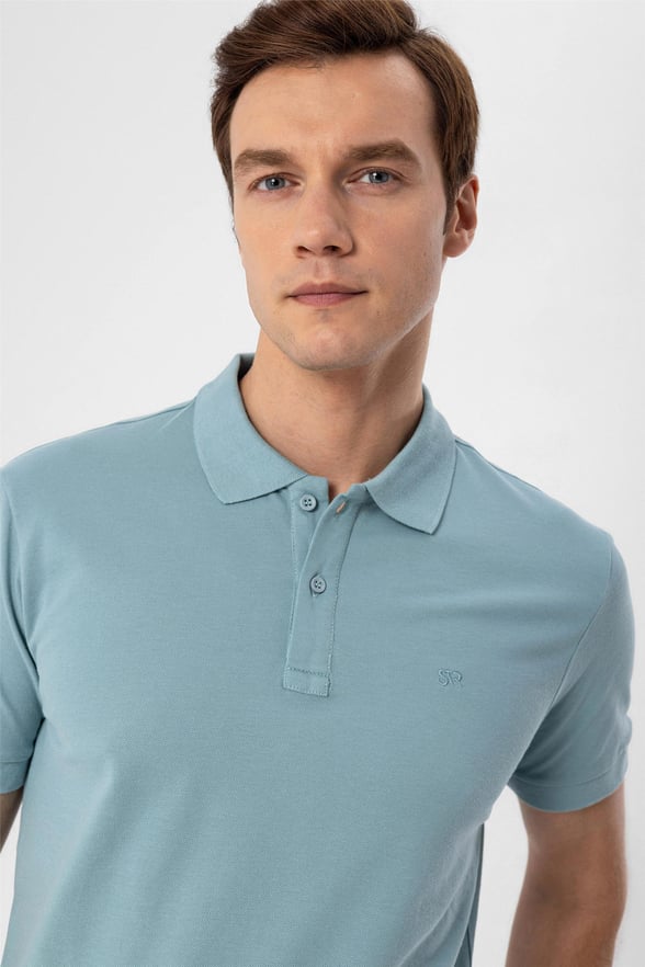 Su Yeşili Slim Armürlü Polo Yaka  Tişört