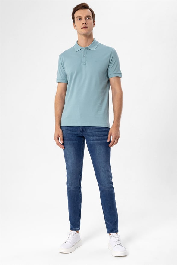Su Yeşili Slim Armürlü Polo Yaka  Tişört