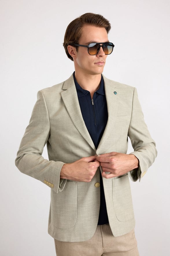 Su Yeşili Slim Mono Yaka Düz Poplin Torba Cep Standart 6 Drop Klasik Ceket