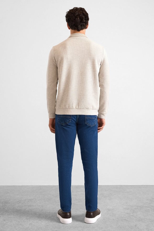 Taş Regular Armürlü Polo Yaka Sweatshirt