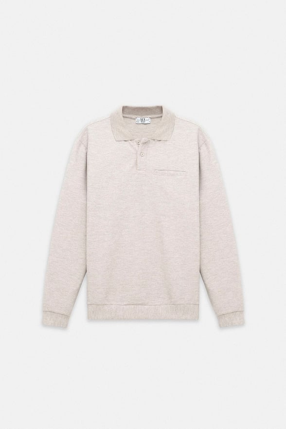 Taş Regular Armürlü Polo Yaka Sweatshirt