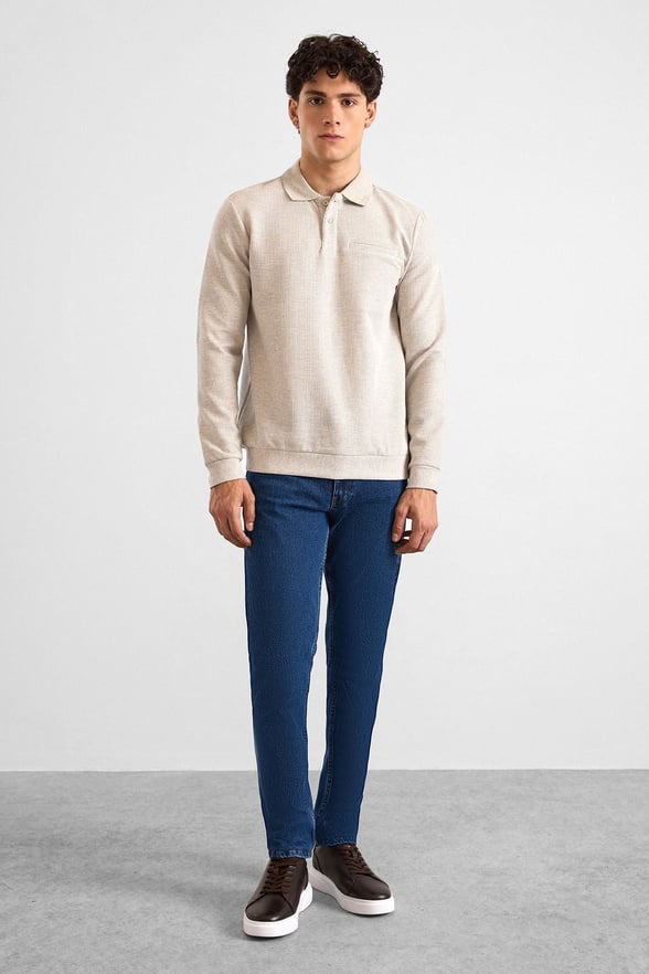Taş Regular Armürlü Polo Yaka Sweatshirt