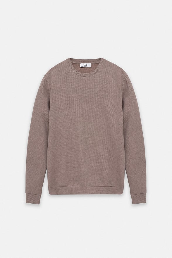 Vizon Regular Düz Baskısız Waffle Bisiklet Yaka Cepsiz Sweatshirt