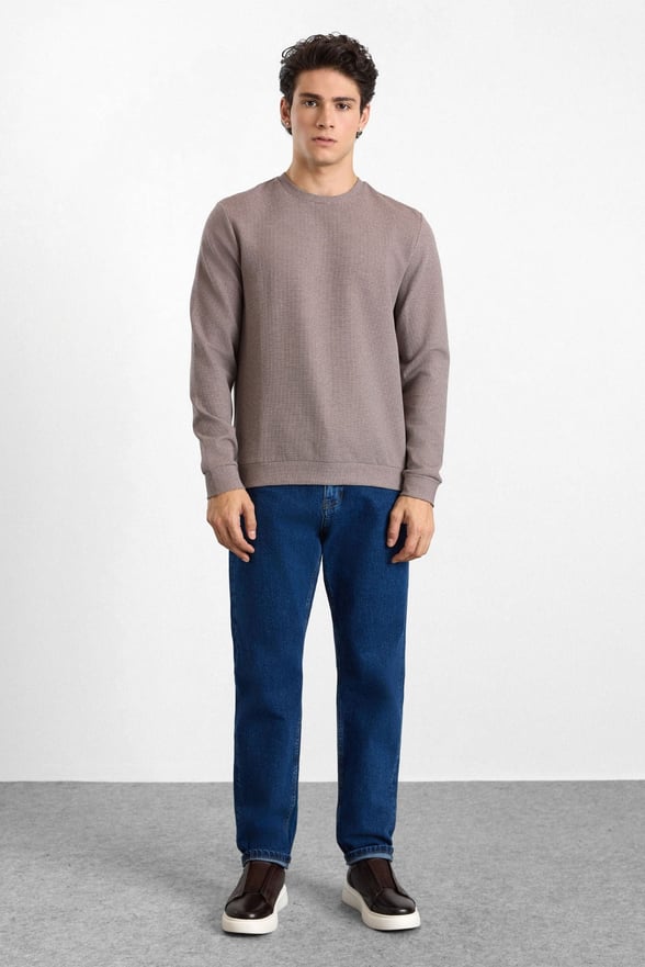 Vizon Regular Düz Baskısız Waffle Bisiklet Yaka Cepsiz Sweatshirt