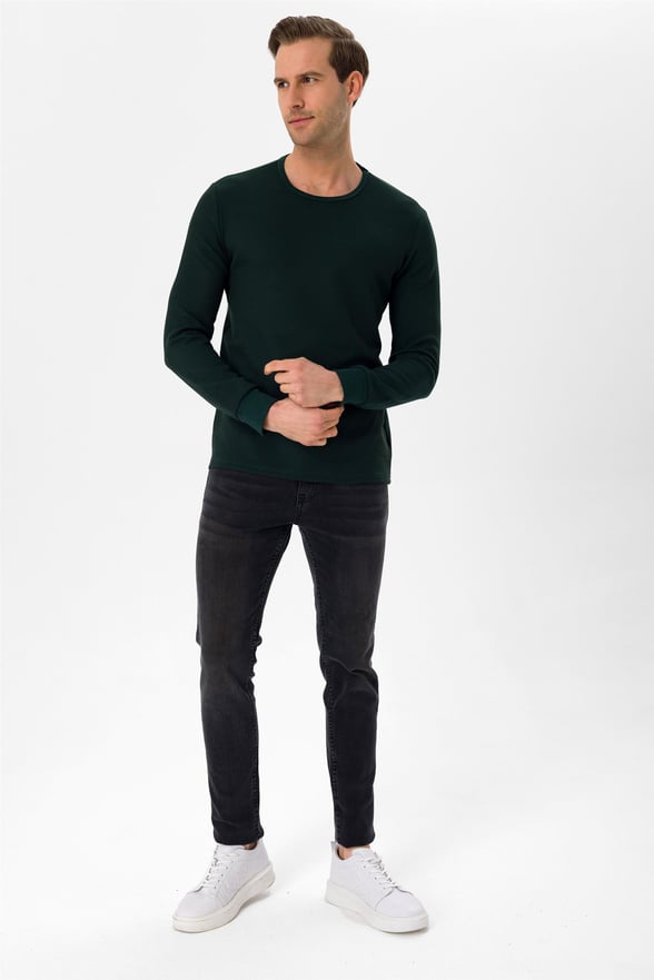YEŞİL 7 Slim Armürlü O Yaka  Sweatshirt