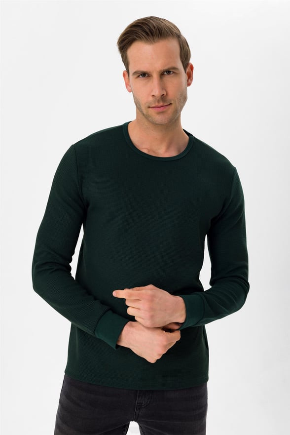 YEŞİL 7 Slim Armürlü O Yaka  Sweatshirt