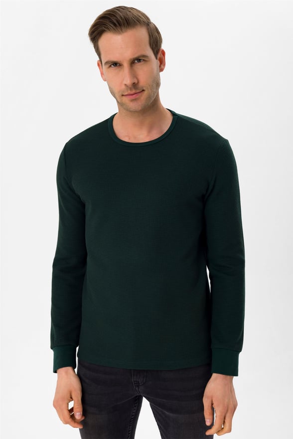 YEŞİL 7 Slim Armürlü O Yaka  Sweatshirt