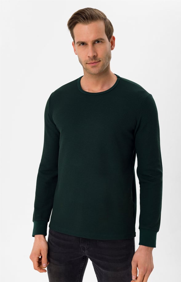 YEŞİL 7 Slim Armürlü O Yaka  Sweatshirt