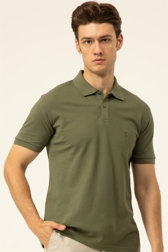 YEŞİL HAKİ 2 Regular Armürlü Polo Yaka  Tişört