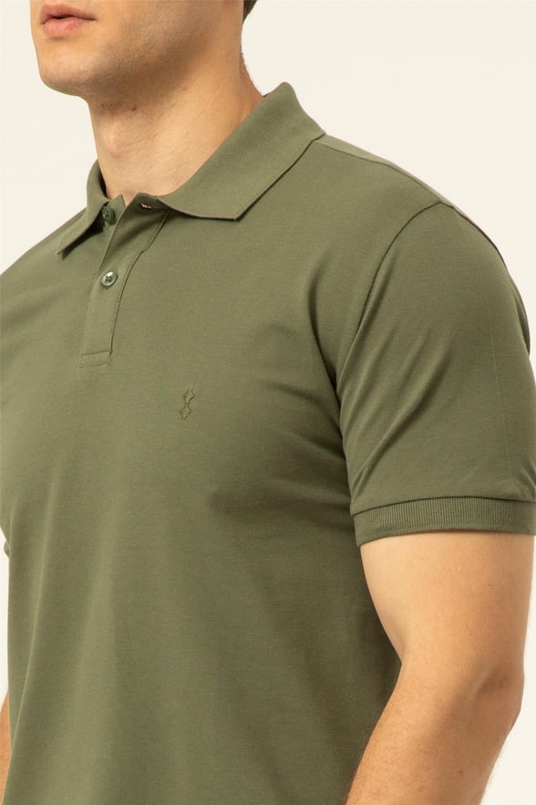YEŞİL HAKİ 2 Regular Armürlü Polo Yaka  Tişört