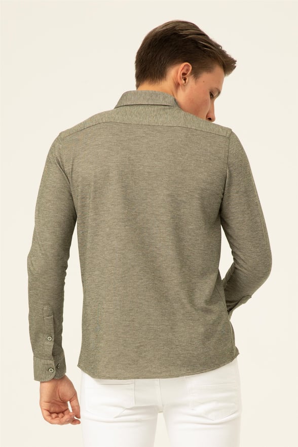 YEŞİL HAKİ 2 Slim Armürlü Düğmeli Yaka  Gömlek