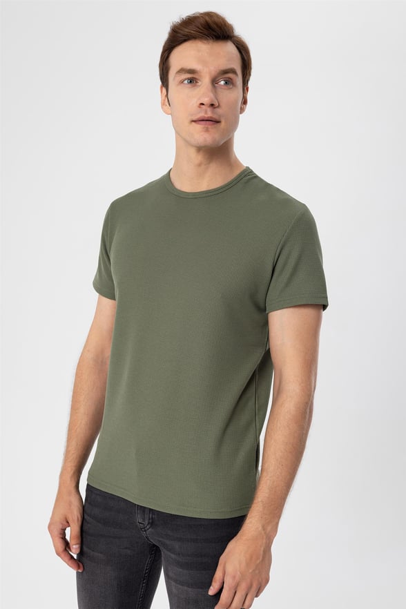 YEŞİL HAKİ 2 Slim Armürlü O Yaka  Tişört