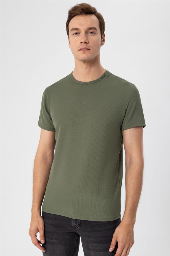 YEŞİL HAKİ 2 Slim Armürlü O Yaka  Tişört