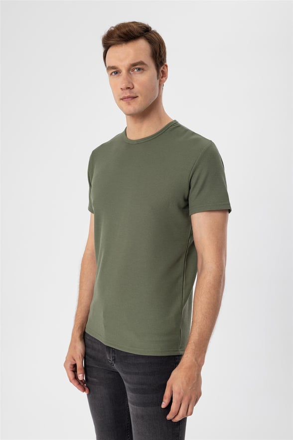 YEŞİL HAKİ 2 Slim Armürlü O Yaka  Tişört