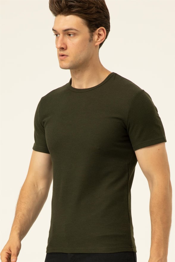YEŞİL HAKİ 2 Slim Armürlü O Yaka  Tişört