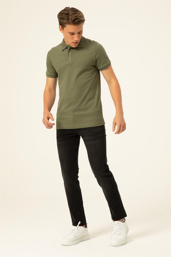 YEŞİL HAKİ 2 Slim Armürlü Polo Yaka  Tişört