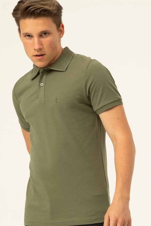 YEŞİL HAKİ 2 Slim Armürlü Polo Yaka  Tişört