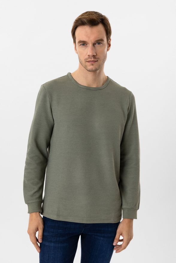Yeşil Slim Fit Armürlü Bisiklet Yaka Triko Kazak