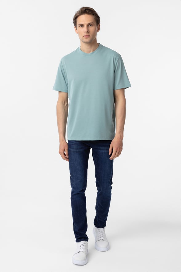 Yeşil Slim Fit Armürlü Bisiklet Yaka Tişört