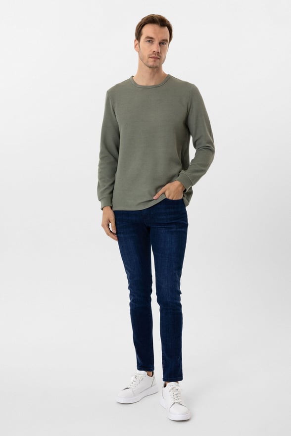 Yeşil Slim Fit Armürlü Bisiklet Yaka Triko Kazak
