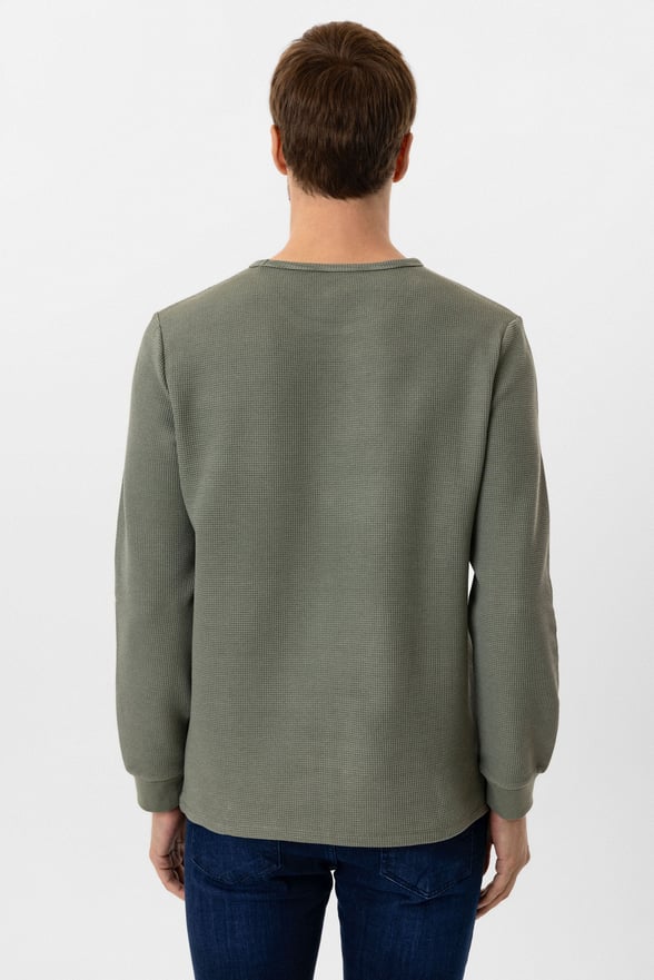 Yeşil Slim Fit Armürlü Bisiklet Yaka Triko Kazak